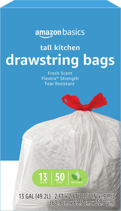 Picture of Amazon Basics Flextra Tall Kitchen Drawstring Trash Bags, Fresh Scent, 13 Gallon, 50 Count