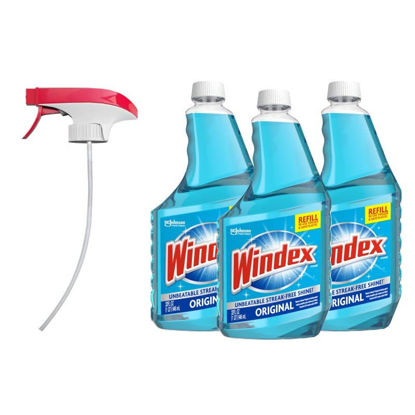 Picture of Windex Original Glass Cleaner, Refill Bottle, 32 fl oz, 3 ct, and Reusable Trigger