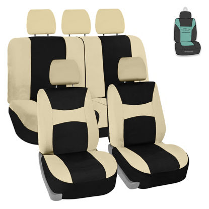 Picture of FH Group Car Seat Cover Full Set Light and Breezy Beige and Black Car Seat Covers with Front Seat Covers and Rear Split Bench Car Seat Cover Universal Fit Interior Accessories for Cars Trucks and SUVs