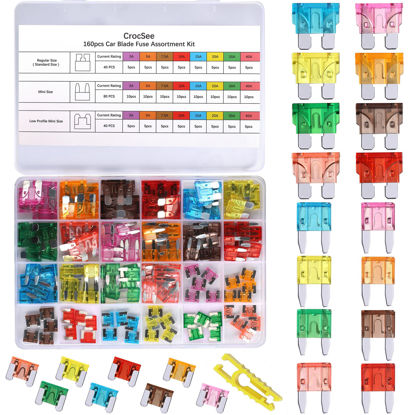 Picture of CrocSee 160 Pieces Car Fuses Assortment Kit, Blade-Type Automotive Fuses - Standard, Mini & Low Profile Mini Size (3A/5A/7.5A/10A/15A/20A/30A/40A), Replacement Fuses for Car/RV/Truck/Motorcycle/Boat