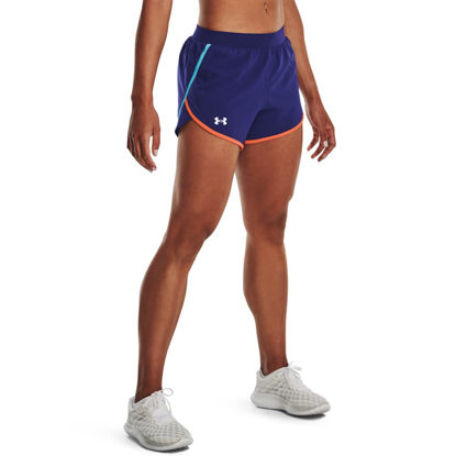 Picture of Under Armour womens Fly By 2.0 Running Shorts , (468) Sonar Blue / Orange Blast / Reflective , XX-Large