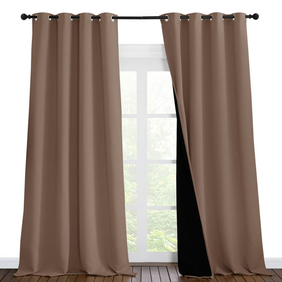 Picture of NICETOWN Complete Blackout Shades for Large Window Door, 100% Blackout Window Curtain Panels with Black Lined, 55 inches Width Each Panel, 96 inches Length, Cappuccino, Double Pieces