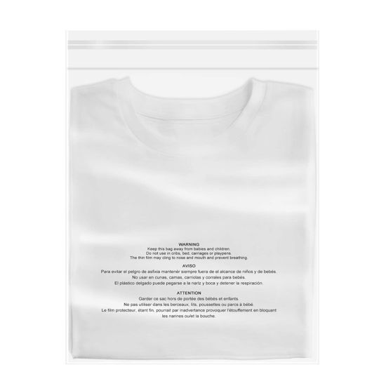 Picture of 100 Count - 14" x 20", Self Seal 1.6 Mil Clear Plastic Poly Bags with Suffocation Warning for Clothing, T-Shirts, Pants-Resealable Adhesive,Not Strong