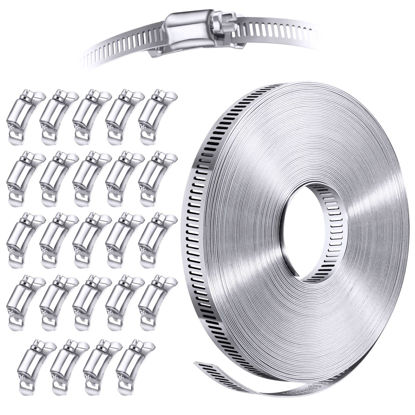 Picture of 304 Stainless Steel Hose Clamp Assortment Kit DIY, Cut-To-Fit 50 FT Metal Strap + 24 Stronger Fasteners, Large Adjustable Worm Gear Hose Clamps Screw Clamps Duct Pipe Metal Clamp Strapping