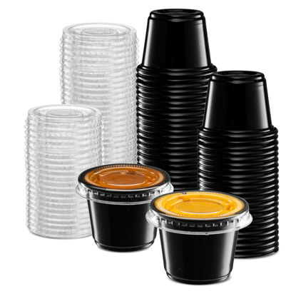 Picture of {1 oz - 100 Sets} Black Diposable Plastic Portion Cups With Lids, Small Mini Containers For Portion Controll, Jello Shots, Meal Prep, Sauce Cups, Slime, Condiments, Medicine, Dressings, Crafts, Disposable Souffle Cups & Much more