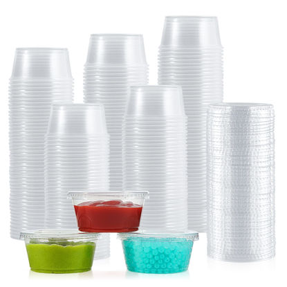 Picture of [200 Sets - 3.25 oz] Plastic Portion Cups with Lids, 3.25 oz Plastic Sauce Cups，Jello Shot Cups, Disposable Condiment Containers for Food Sample