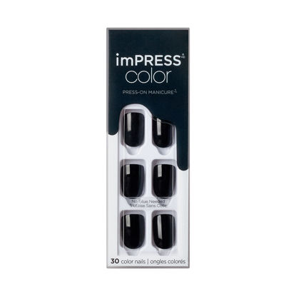 Picture of KISS imPRESS Color Press-On Nails, Gel Nail Kit, PureFit Technology, Short Length, “All Black”, Polish-Free Solid Color Manicure, Includes Prep Pad, Mini Nail File, Cuticle Stick, and 30 Fake Nails