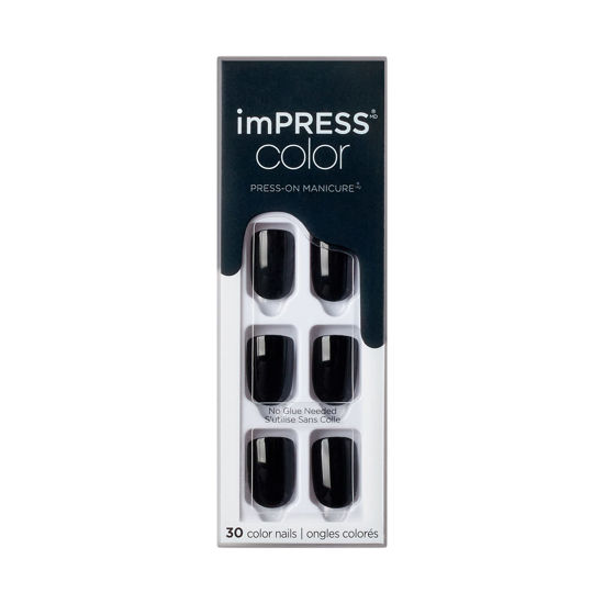 Picture of KISS imPRESS Color Press-On Nails, Gel Nail Kit, PureFit Technology, Short Length, “All Black”, Polish-Free Solid Color Manicure, Includes Prep Pad, Mini Nail File, Cuticle Stick, and 30 Fake Nails