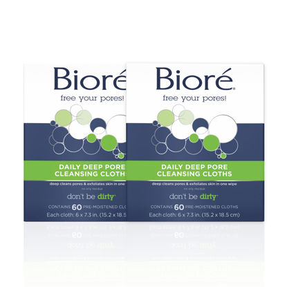 Picture of Bioré Daily Make Up Removing Cloths, Facial Cleansing Wipes with Dirt-grabbing Fibers for Deep Pore Cleansing without Oily Residue, 60 Count (Pack of 2)