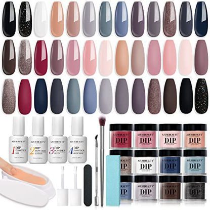 Picture of 31 Pcs Dip Powder Nail Kit Starter, AZUREBEAUTY All Season 20 Colors Glitter Nude Gray Acrylic Nail Dip Powder System Essential Liquid Set with Dip Tray for French Nails Art Manicure DIY Salon Gift for Women