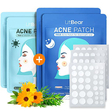 Picture of LitBear Acne Pimple Patches- Day and Night 4 Sizes 360 Dots Thin & Thick Hydrocolloid Patches with Witch Hazel, Tea Tree & Calendula Oil, Extra Adhesion Pimple Patches for Face Zit Patch Acne Dots (AM + PM- 360count)