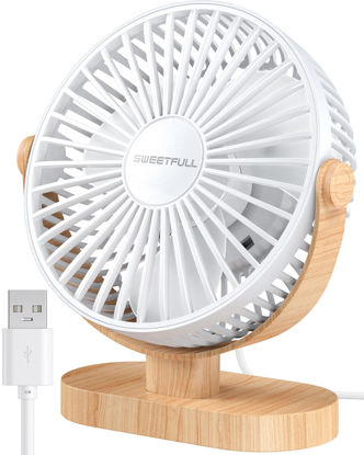Picture of SWEETFULL Small USB Desk Fan 6.5 Inch, 3 Speeds Portable Personal Desktop Table Fan, Dual 360° Adjustment Mini Fan, Quiet Operation, for Home Office Car Outdoor Travel (White wood grain)