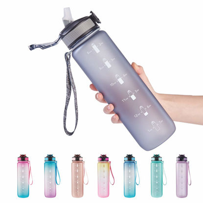 Picture of EYQ 32 oz Water Bottle with Time Marker, Carry Strap, Leak-Proof Tritan BPA-Free, Ensure You Drink Enough Water for Fitness, Gym, Camping, Outdoor Sports (Gray)