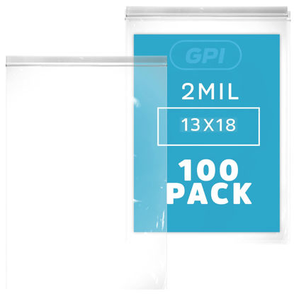 Picture of GPI PACK Of 100 13" x 18" CLEAR PLASTIC RECLOSABLE ZIP BAGS - Bulk 2 mil Thick Strong & Durable Poly Baggies With Resealable Zip Top Lock For Travel, Storage, Packaging & Shipping.