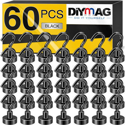 Picture of DIYMAG Magnetic Hooks for Refrigerator, Extra Strong Cruise Hook, Heavy Duty Earth Magnets with Hook for Hanging, Magnetic Hanger for Cabins, Grill (60P-Black)