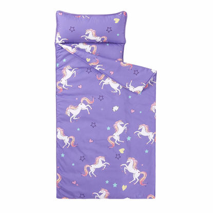 Picture of Wake In Cloud - Unicorn Nap Mat, with Removable Pillow for Kids Toddler Boys Girls Daycare Preschool Kindergarten Sleeping Bag, White Unicorns Printed on Purple, 100% Microfiber
