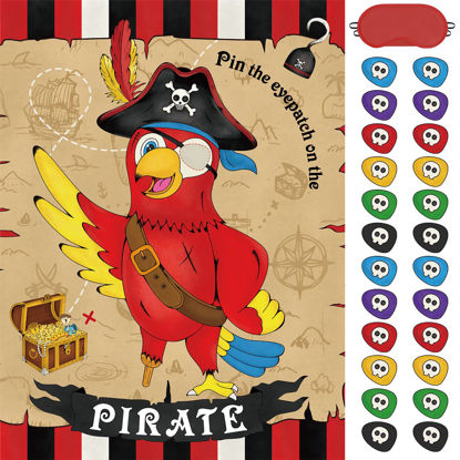 Picture of WERNNSAI Pin the Eye Patch on the Pirate - Pirate Party Games for Kids Boys 28'' x 21'' Parrot Game Poster with 24 PCS Reusable Stickers Blindfold Halloween Birthday Party Favor Sets