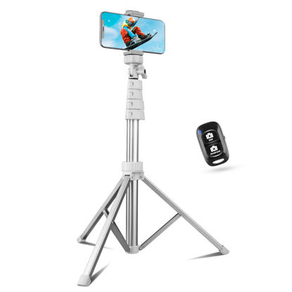 Picture of Sensyne 67" Phone Tripod & Selfie Stick, Extendable Cell Phone Tripod Stand with Wireless Remote and Phone Holder, Compatible with iPhone Android Phone, Camera (Silver)