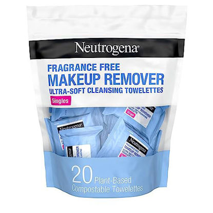 Picture of Neutrogena Fragrance-Free Makeup Remover Cleansing Towelette Singles, Individually-Wrapped Daily Face Wipes to Remove Dirt, Oil, Makeup & Waterproof Mascara for Travel & On-the-Go, 20 ct (Pack of 6)