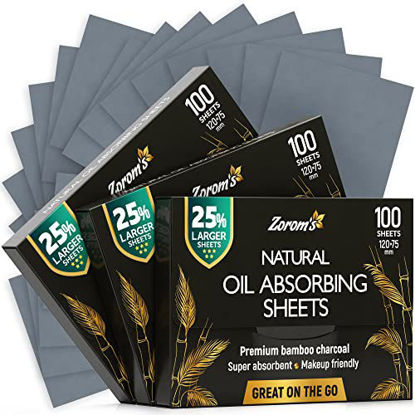 Picture of Natural Blotting Paper for Oily Skin with Bamboo Charcoal - 25% Larger - 3pk/300 Oil Blotting Sheets for Face - Makeup Friendly - Easy To Grab One