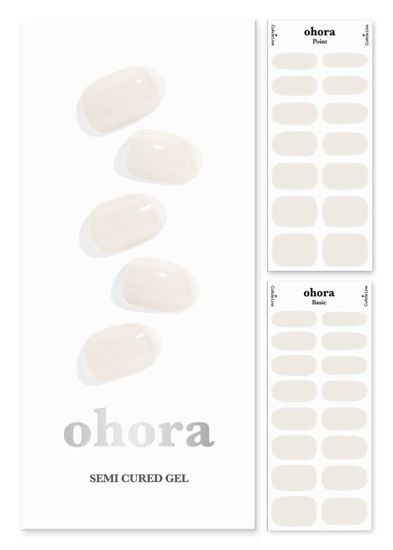 Picture of ohora Semi Cured Gel Nail Strips (N Cream Cotton) - Works with Any Nail Lamps, Salon-Quality, Long Lasting, Easy to Apply & Remove - Includes 2 Prep Pads, Nail File & Wooden Stick - White
