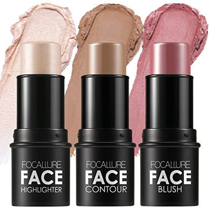 Picture of FOCALLURE 3 Pcs Cream Contour Sticks,Shades with Highlighter & Bronzer & Blush,Non-greasy and Water-resistant Face Contouring Pen,Easy to Sculpt the Face and Create a Lightweight Finishing Makeup,LIGHT-MEDIUM
