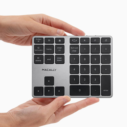 Picture of Macally Bluetooth Number Pad for Laptop - Slim Aluminum Design - Rechargeable Wireless Numeric Keypad - 35 Key Numpad Keyboard for Data Entry - for MacBook Pro/Air, iPad, iPhone, iOS, PC, Android