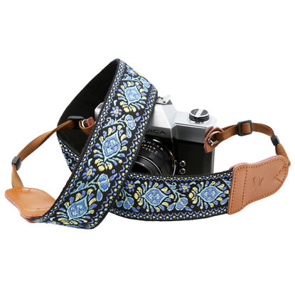 Picture of Blue Vintage Embroidered Camera Strap - Double Layer Cowhide Ends,2" Pure Cotton Woven Camera Strap, Adjustable Universal Neck & Shoulder Strap for All DSLR / SLR Cameras,Great Gift for Photographers