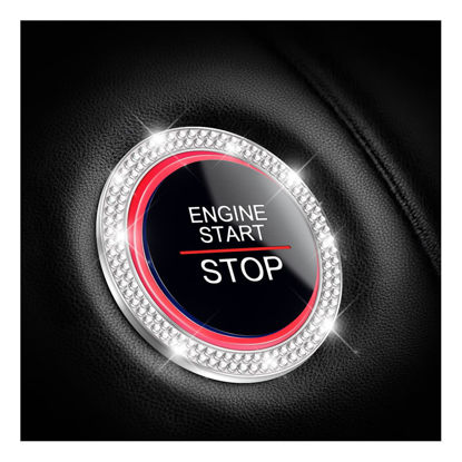Picture of Car Bling Crystal Rhinestone Engine Start Ring Decals, 2 Pack Car Push Start Button Cover/Sticker, Key Ignition Knob Bling Ring, Sparkling Car Interior Accessories for Women (Silver)