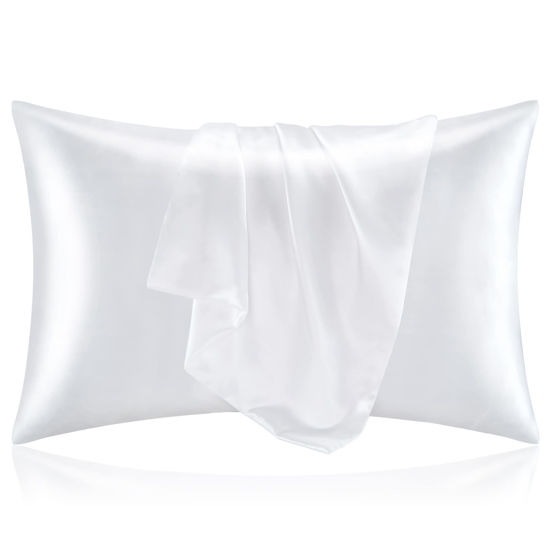 Picture of BEDELITE Silk Pillow Cases Standard Size Set of 2 Pack, White Satin Pillowcase for Hair and Skin, Super Soft Pillow Case with Envelope Closure (20x26 Inches)