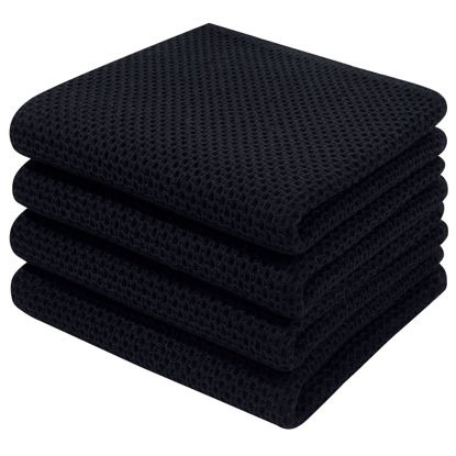 Picture of Homaxy 100% Cotton Waffle Weave Kitchen Dish Towels, Ultra Soft Absorbent Quick Drying Cleaning Towel, 13x28 Inches, 4-Pack, Black