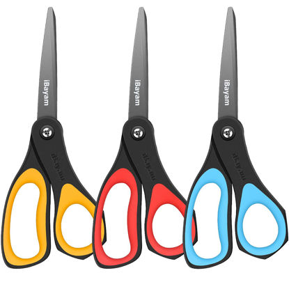 Picture of Scissors, iBayam 8" Multipurpose Scissors Bulk 3-Pack, Ultra Sharp Blade Shears, Comfort-Grip Handles, Sturdy Sharp Scissors for Office Home School Sewing Fabric Craft Supplies, Right/Left Hand