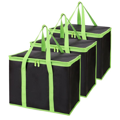 Picture of Bodaon 3-Pack Insulated Pizza Delivery Bags, X-Large Reusable Grocery Shopping Bags, Black with Green Edge