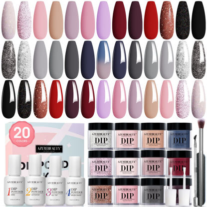 Picture of 29 Pcs Dip Powder Nail Kit Starter, AZUREBEAUTY 20 Colors Glitter Red Pink Black Acrylic Dipping Powder System Essential Liquid Set with Base & Top Coat for French Nails Art Manicure Gift for Women