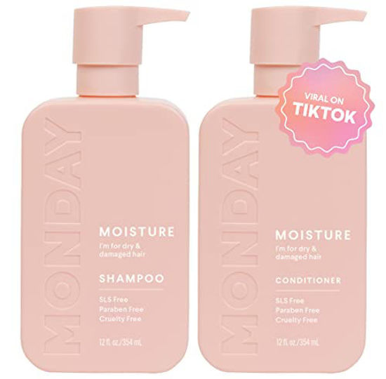 Picture of MONDAY HAIRCARE Moisture Shampoo + Conditioner Set (2 Pack) 12oz Each, Dry, Coarse, Stressed, Coily & Curly Hair, Made from Coconut Oil, Rice Protein, Shea Butter, & Vitamin E, 100% Recyclable Bottles
