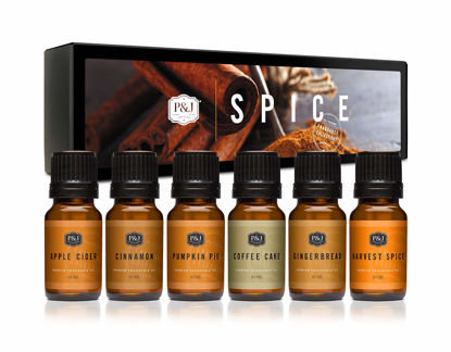 Picture of P&J Fragrance Oil Spice Set | Cinnamon, Harvest Spice, Apple Cider, Coffee Cake, Gingerbread, and Pumpkin Pie Candle Scents for Candle Making, Freshie Scents, Soap Making Supplies, Diffuser Oil Scents