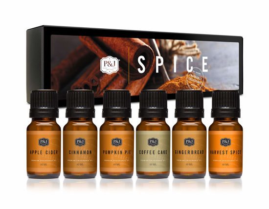GetUSCart- P&J Fragrance Oil Spice Set  Cinnamon, Harvest Spice, Apple  Cider, Coffee Cake, Gingerbread, and Pumpkin Pie Candle Scents for Candle  Making, Freshie Scents, Soap Making Supplies, Diffuser Oil Scents
