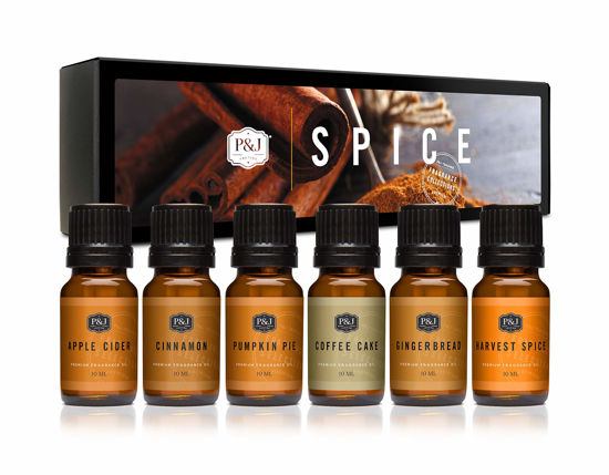 Picture of P&J Fragrance Oil Spice Set | Cinnamon, Harvest Spice, Apple Cider, Coffee Cake, Gingerbread, and Pumpkin Pie Candle Scents for Candle Making, Freshie Scents, Soap Making Supplies, Diffuser Oil Scents