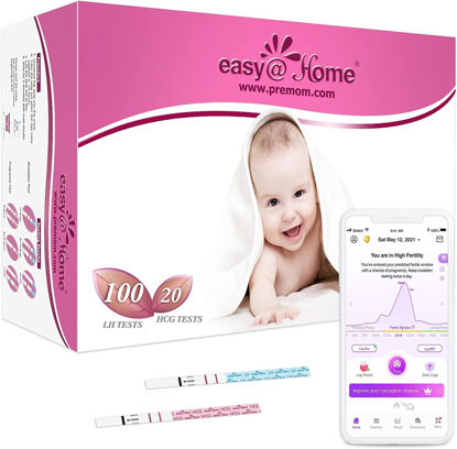 Picture of Easy@Home 100 Ovulation (LH) and 20 Pregnancy (HCG) Test Strips Kit, FSA Eligible, Powered by Premom Ovulation Predictor iOS and Android APP, 100 LH + 20 HCG