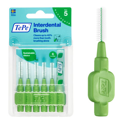 Picture of TEPE Interdental Brush Original, Soft Dental Brush for Teeth Cleaning, Pack of 6, 0.8mm, Large Gaps, Green, Size 5