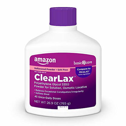 Picture of Amazon Basic Care ClearLax, Polyethylene Glycol 3350 Powder for Solution, Osmotic Laxative, Unflavored, 26.9 Ounces
