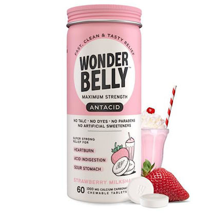 Picture of Wonderbelly Maximum Strength Antacid Chewable Tablets, 1000mg Calcium Carbonate, Instant Heartburn and Acid Indigestion Relief, Talc & Dye Free, Strawberry Milkshake, 60 Count
