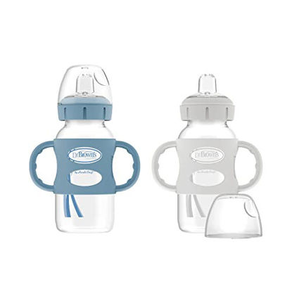 Picture of Dr. Brown’s® Milestones™ Wide-Neck Sippy Bottle with 100% Silicone Handles, Easy-Grip Bottle with Soft Sippy Spout, 9oz/270mL, BPA Free, Light-Blue & Gray, 6m+, 2 Count (Pack of 1)