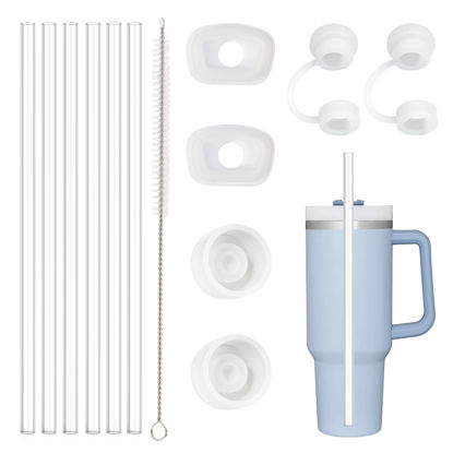 Picture of Straw Spill Stopper Cover Accessories for Stanley Cup 40 oz 30 oz Quencher, Tumbler Accessories of 6 Straw Replacement with Cleaning Brush, 4 Leak Sproof Plug, 2 Silicone Cover Cap for Stanley