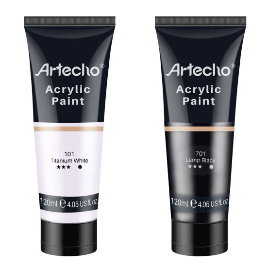 Picture of Artecho Professional Acrylic Paint Set, Titanium White and Black ( 120ml / 4.05oz ) Tubes, Art Craft Paints for Canvas Painting, Rock, Stone, Wood, Fabric, Art Supplies for Professional Artists, Adults, Students, Kids