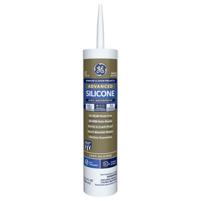 Picture of GE Advanced Silicone Caulk for Window & Door - 100% Waterproof Silicone Sealant, 5X Stronger Adhesion, Shrink & Crack Proof - 10 oz Cartridge, White, Pack of 1
