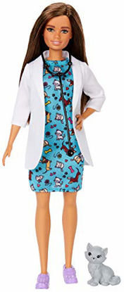 Picture of Barbie Pet Vet Brunette Doll with Career Pet-Print Dress, Medical Coat, Shoes and Kitty Patient for Ages 3 and Up , Multi