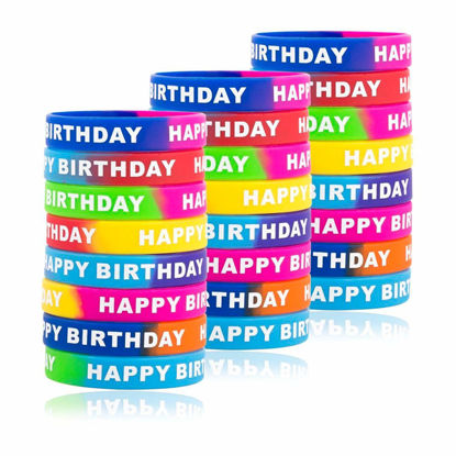 Picture of ARTLYMERS 24pcs Happy Birthday Rubber Bracelets, Colored Silicone Stretch Wristbands for Birthday Party Supplies Favors 8 Styles
