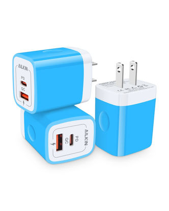 Picture of 3Pack Dual Port USB-C Charger Block, AILKIN 20W Power Delivery + QC3.0 USB A Double Port Fast Charging Block for iPhone 13 12 Pro Max 11 SE X XS Cube, Quick Charge USBC Box Wall Brick Plug-Blue