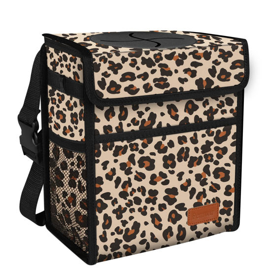Picture of Car Trash Can with Lid Leak Proof Car Garbage Can Waterproof Car Trash Bag for SUV Front Seat Multipurpose Car Hanging for Headrest Collapsible and Portable with Storage Mesh Pocket, Leopard Print
